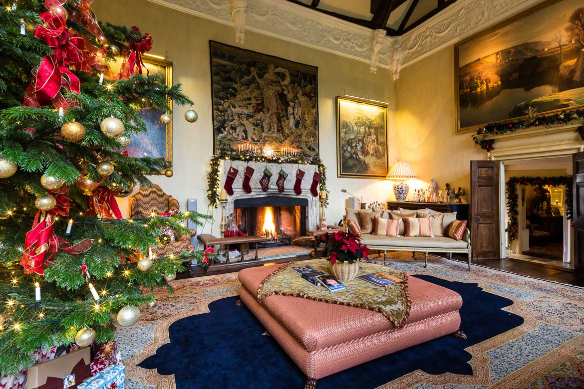 The Great Hall at Christmas time. The fireplace in the background was build by William Sherman in 1567, after the Grey family was executed. The Great Hall has always been the centre of the living in the Manor.