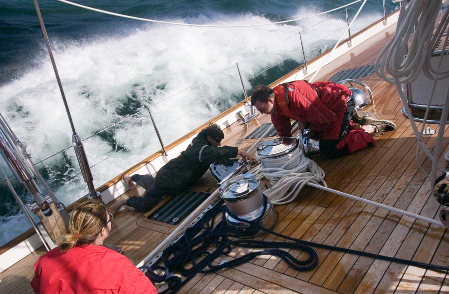 Sorting out one of the winches on the North Sea