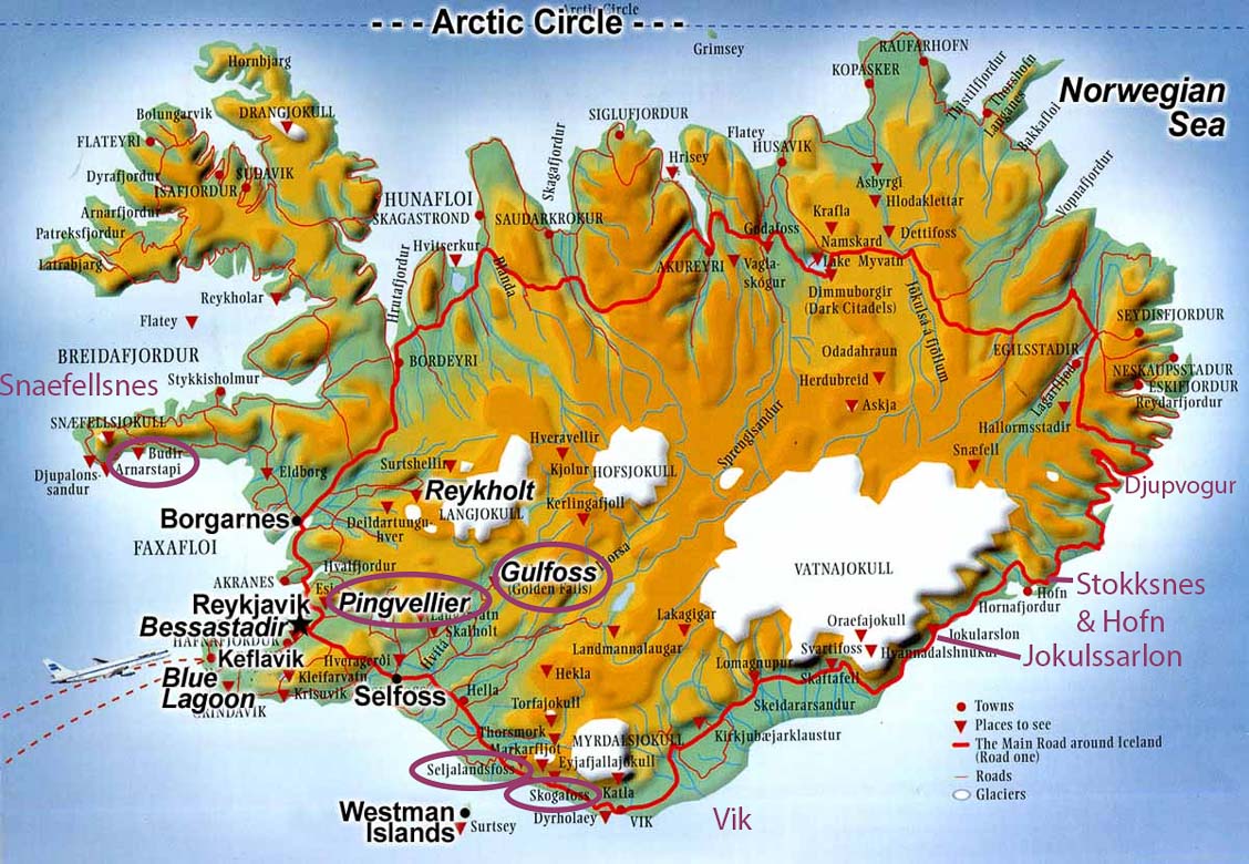 Iceland. We travelled along the south and west coasts of Iceland and important places in the text or captions are marked on the map.