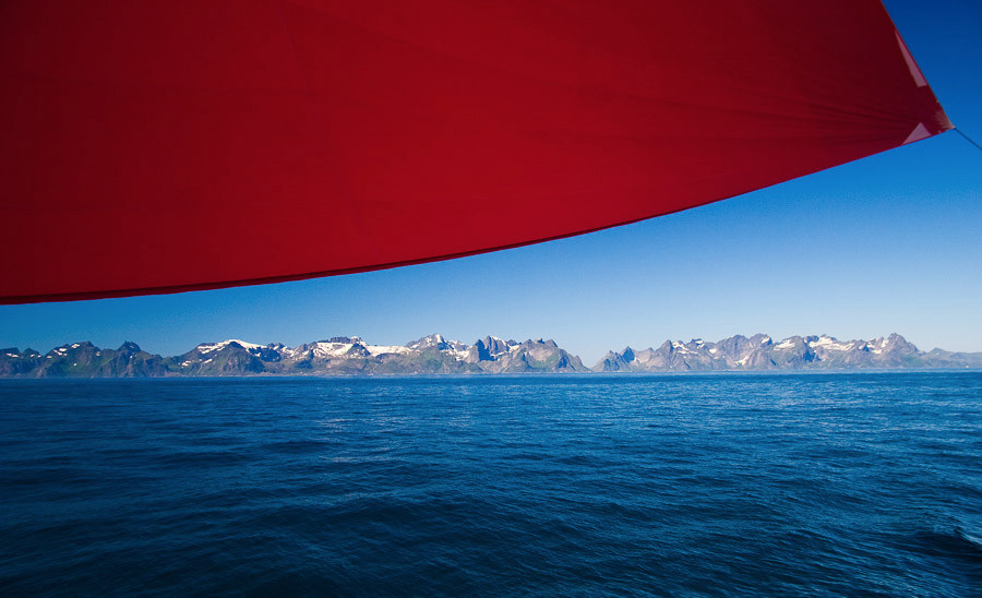 The Lofoten Wall underneath our spinnaker/