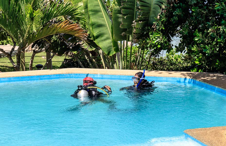 The pool is very deep and built specially to teach scuba diving