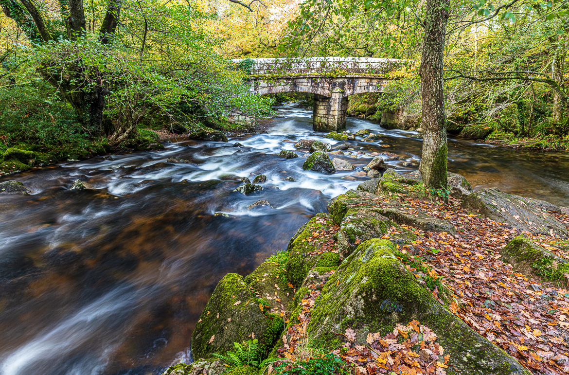 River Plym (to the left) meets River Meavy (to the right) at Shaugh Bridge