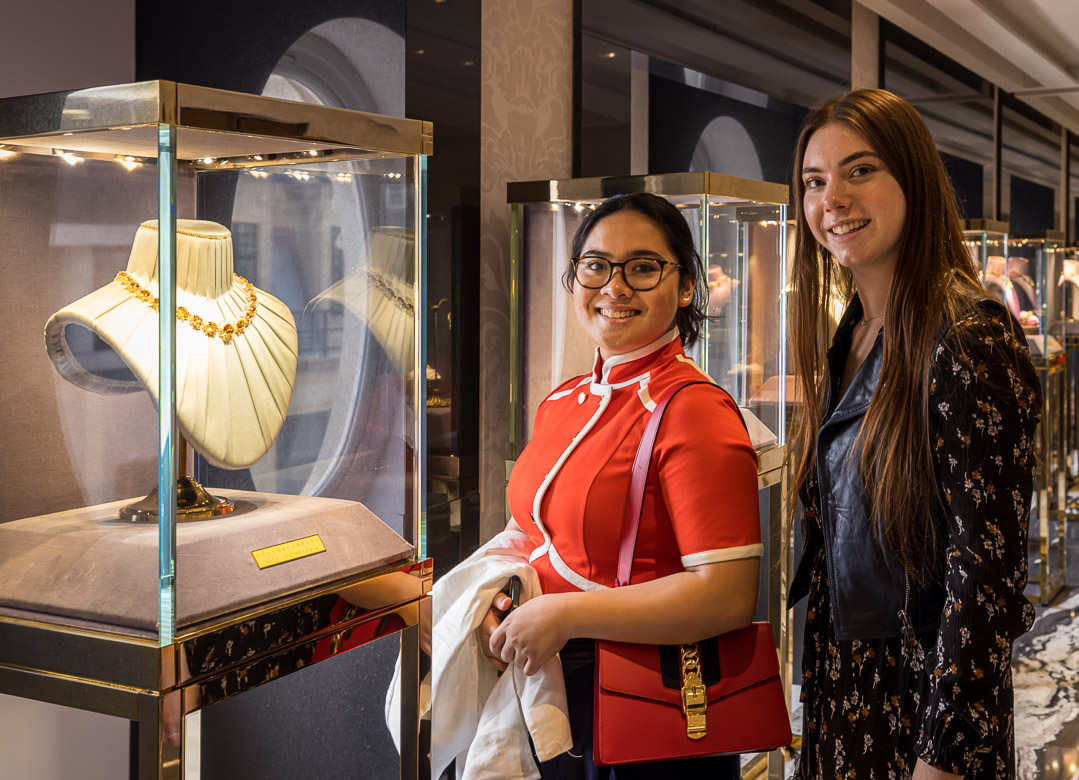 Freya and Mikee admiring the jewellery at Dolce & Gabbana